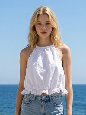 Zara Women’s White Ruffle-Hem Halter Top-Size S
